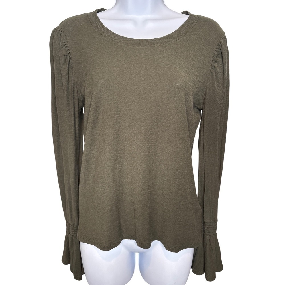 Nation LTD Womens Olive Green Puff Sleeve Smocked Bell Cuff Top Sz M Casual Boho